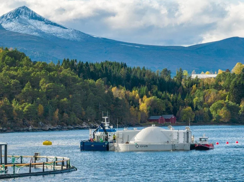 An egg-shaped floating salmon farm.