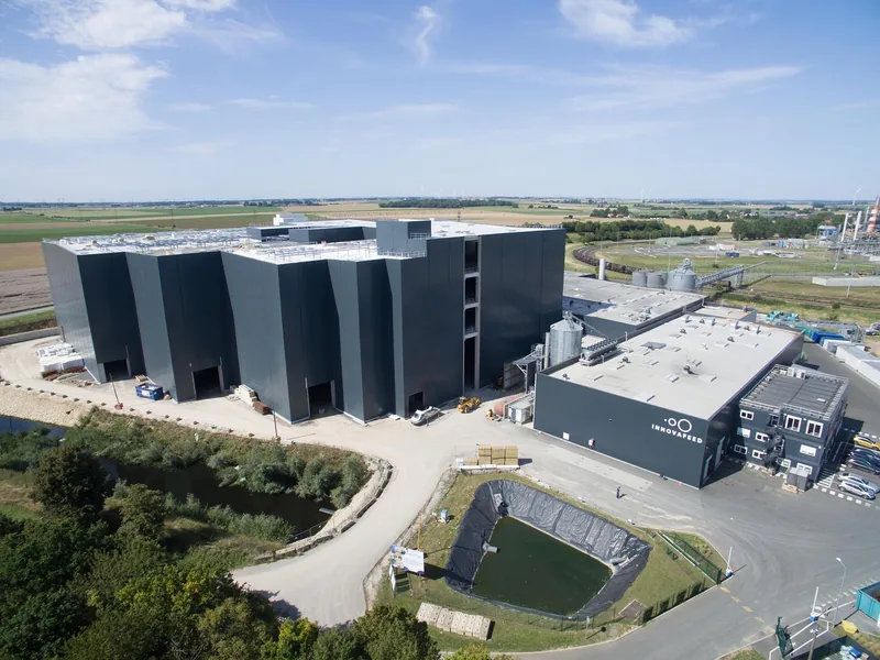An aerial shot of an insect meal factory in France.