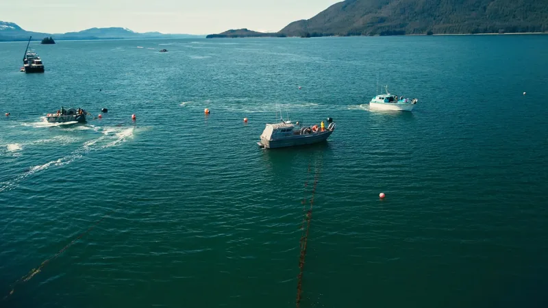 Boats at work on a kelp farm.