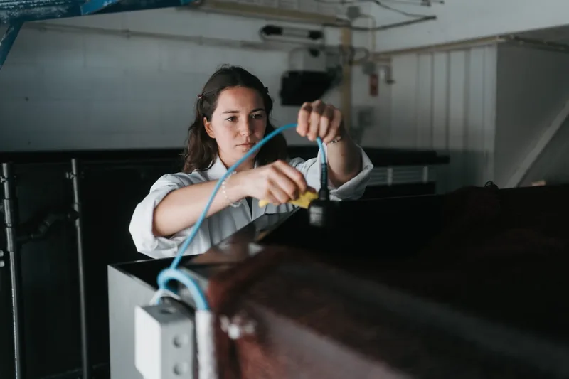A person in a lab coat checking a fish tank.