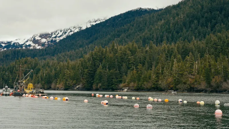 A line of buoys in a fjord.