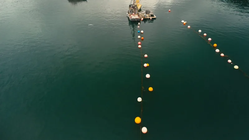 An aerial view of an oyster farm.