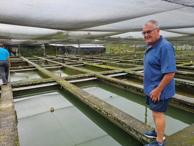 A man standing beside some ponds.