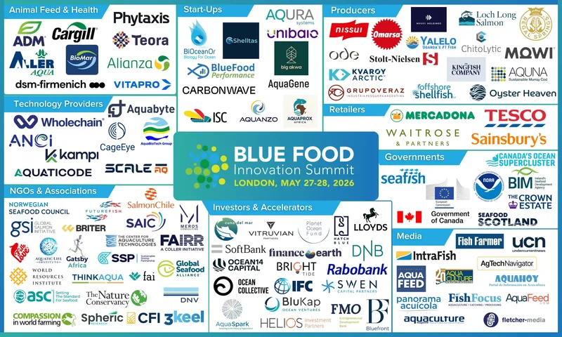 A group of company logos participating at a blue foods conference in London.