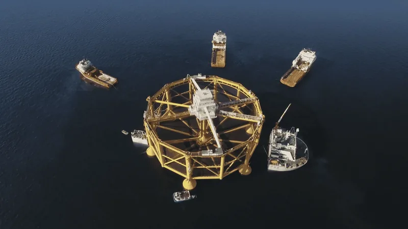 Aerial view of a large metal fish farming structure, surrounded by boats.