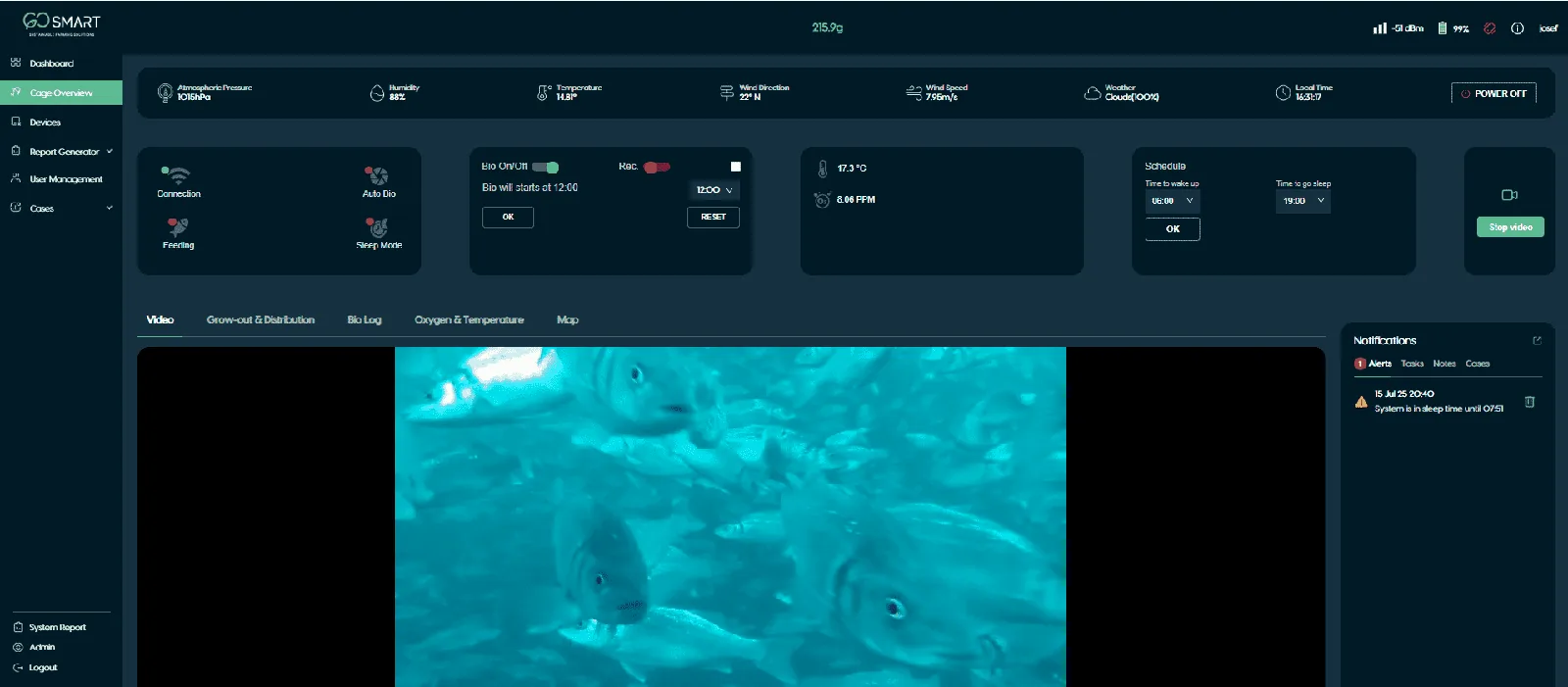A screenshot of a user interface of sensors used in aquaculture.