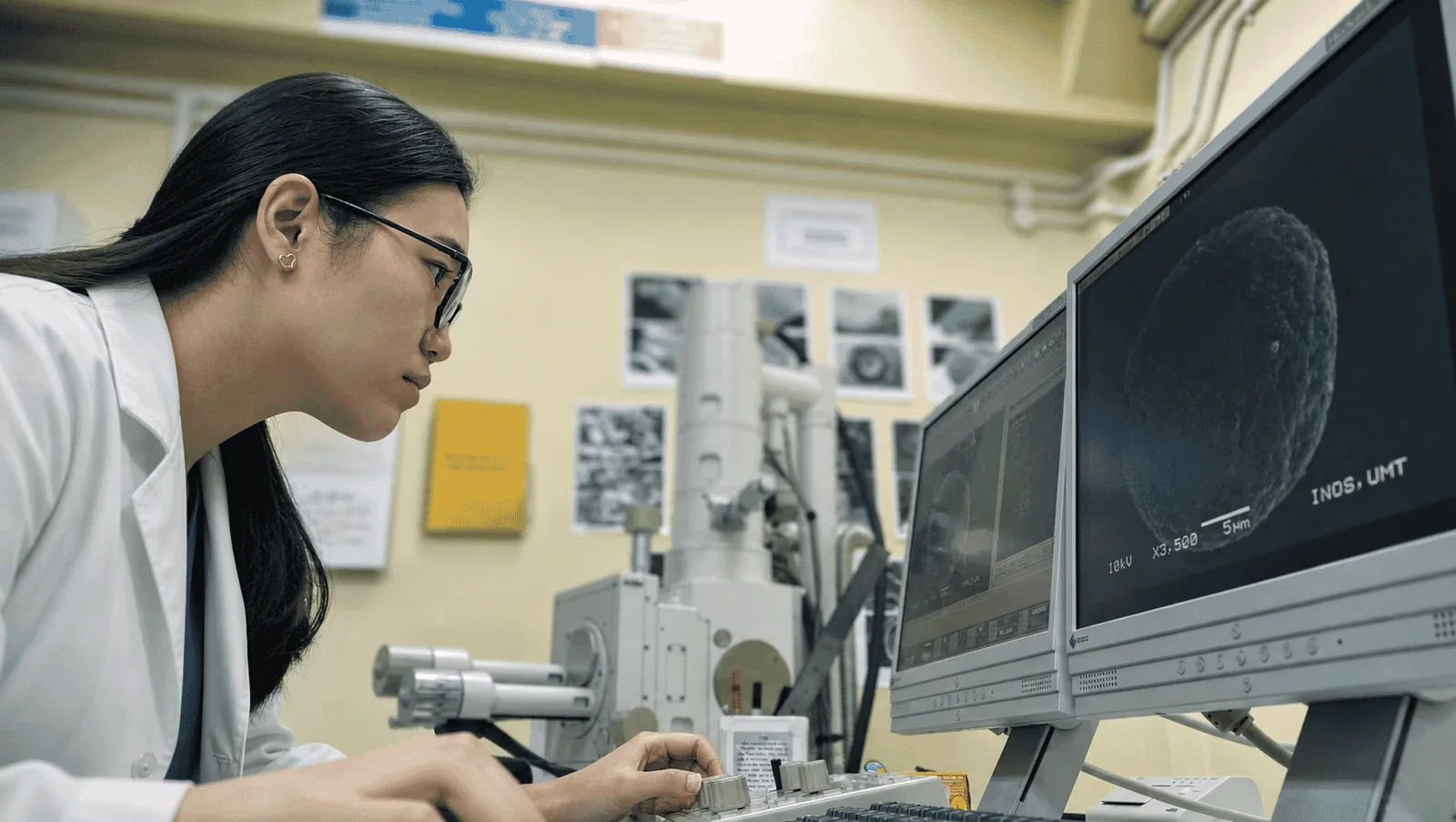 A scientist working on her computer in a laboratory.
