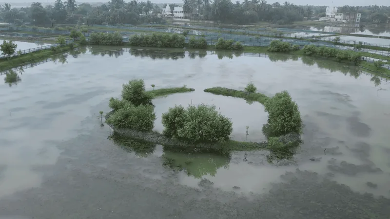 An aerial view of shrimp ponds.