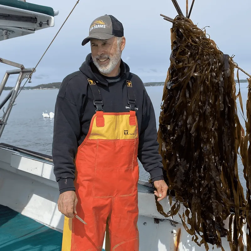 A man standing beside some rope-grown seaweed